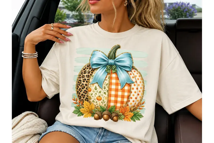 Patchwork Pumpkin Bow Fall PNG Tee