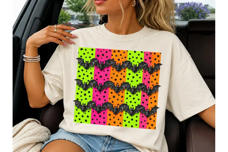 Halloween Bats Neon Polka Dot PNG Tee-Halloween Bats Neon Po