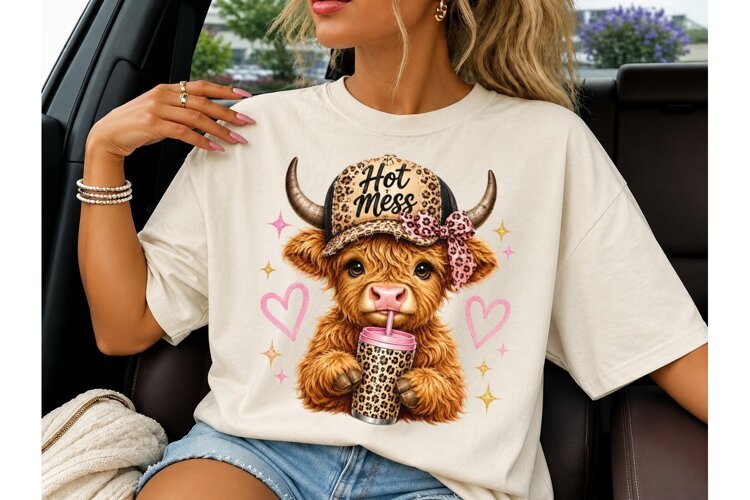 Hot Mess Highland Cow PNG Sublimation Te example image 1
