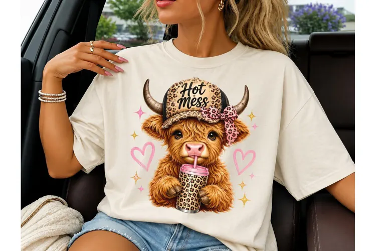Hot Mess Highland Cow PNG Sublimation Te