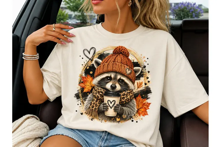Fall Raccoon Coffee PNG Sublimation Tee-Fall Raccoon Coffee