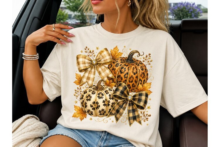 Fall Pumpkin Bow PNG Sublimation Tee example image 1
