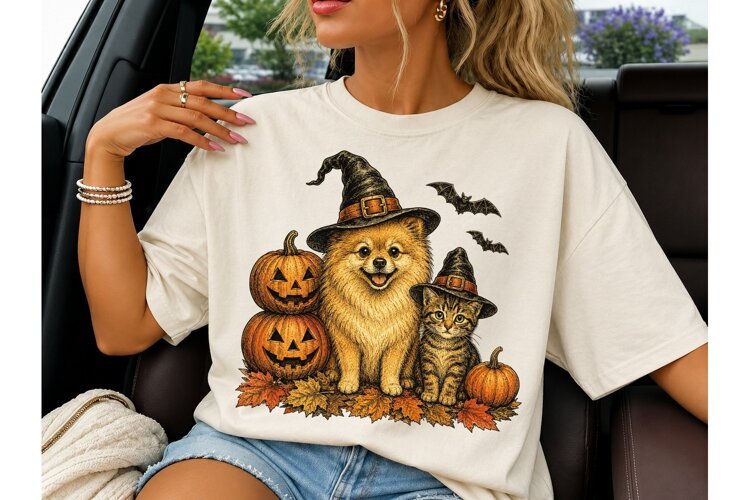 Halloween Cat Dog Witch PNG Shirt Design example image 1