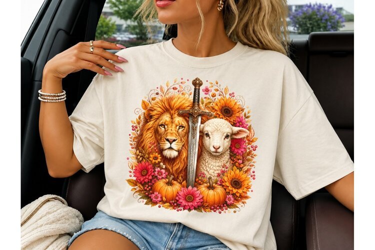 Lion Lamb Sword Fall Floral PNG Tee example image 1