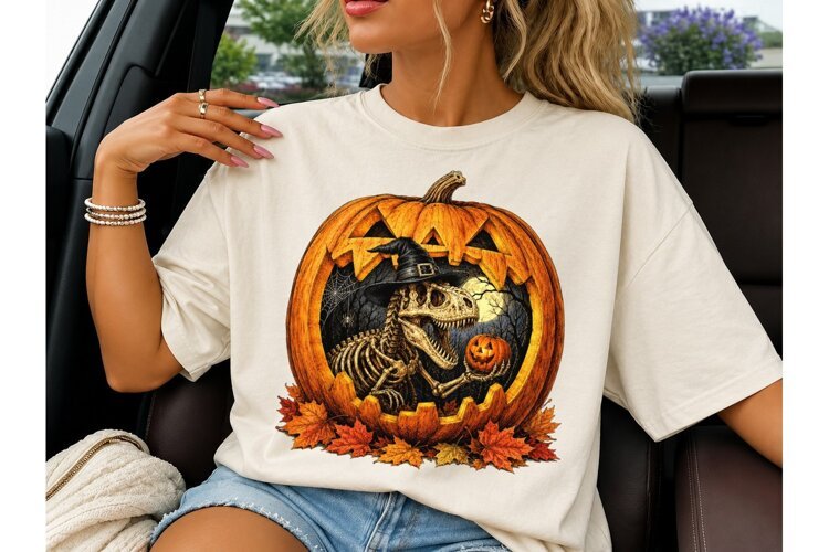 Halloween Dino Skeleton Pumpkin PNG Tee example image 1