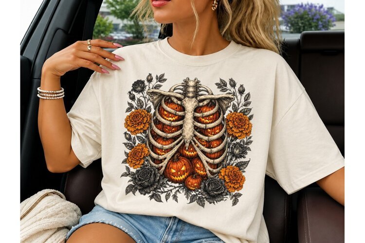 Halloween Skeleton Pumpkin PNG Shirt-Halloween Skeleton Pump example image 1