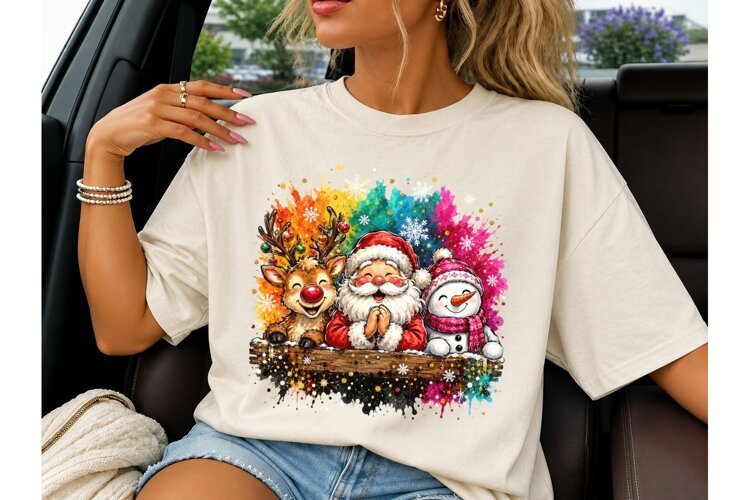 Christmas Santa Reindeer Snowman PNG Tee example image 1