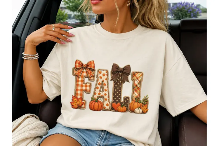 Fall Patchwork Bow Pumpkin PNG Tee Desig