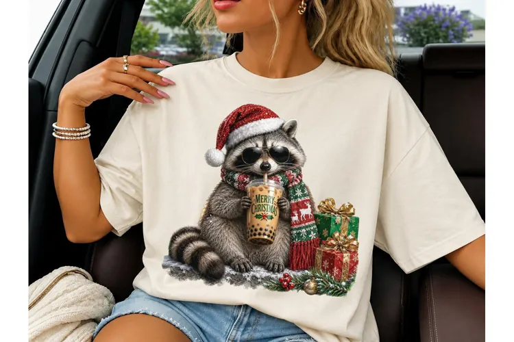 Christmas Raccoon Boba Tea PNG Tee
