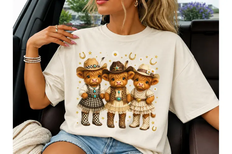 Highland Cow Cowgirl Trio PNG Tee Design