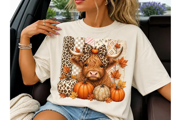Fall Highland Cow Pumpkin PNG Sublimatio