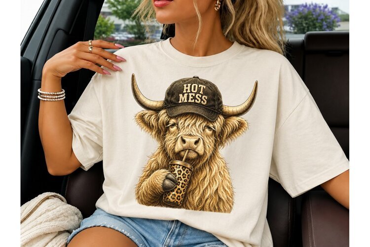 Hot Mess Highland Cow PNG Sublimation example image 1