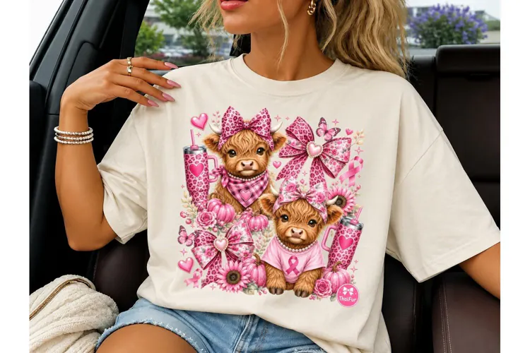 Highland Cow Pink Bow PNG Sublimation Te