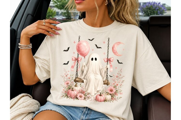 Pink Ghost Swing Halloween PNG Tee example image 1