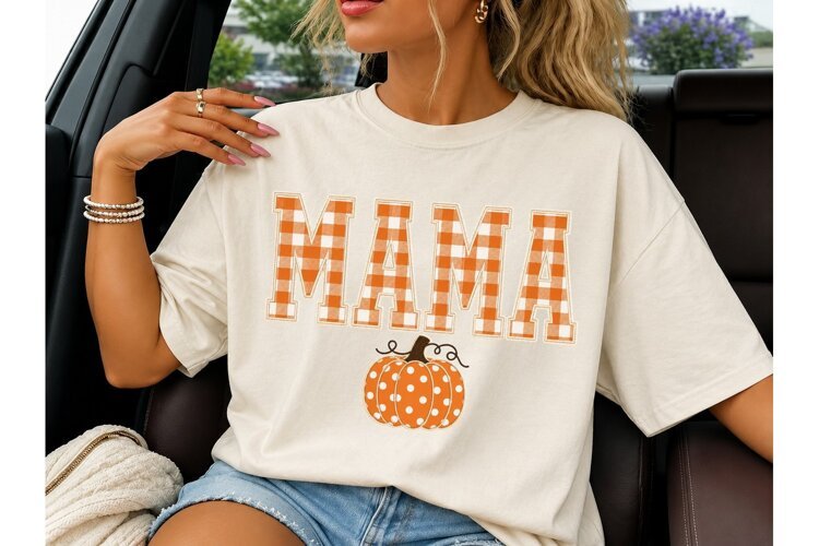 Fall Mama Pumpkin Plaid PNG Sublimation example image 1