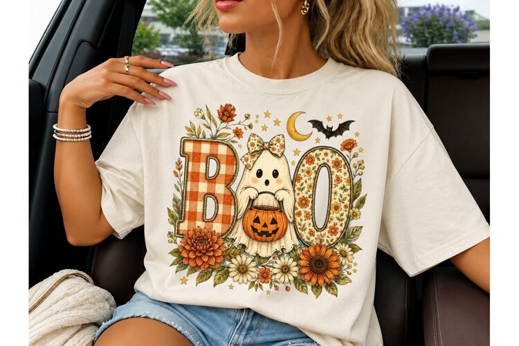 Boho Ghost Floral Halloween BOO PNG Tee example image 1