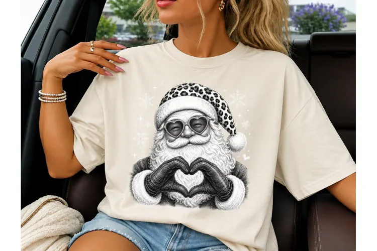 Cool Santa Leopard Hat Heart PNG Tee