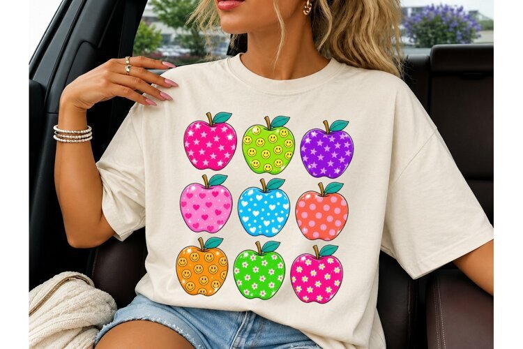Colorful Apple Grid Teacher PNG Tee example image 1