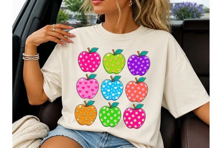 Colorful Apple Grid Teacher PNG Tee