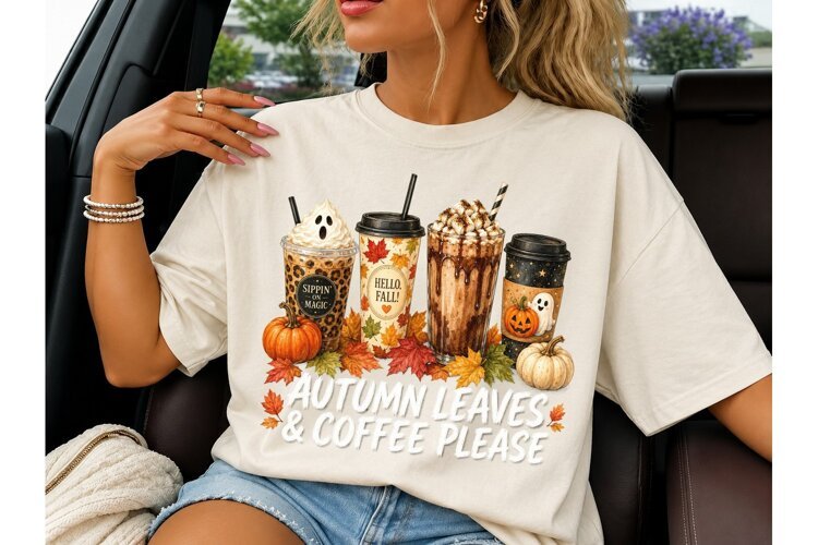 Autumn Leaves Coffee Please PNG Tee example image 1