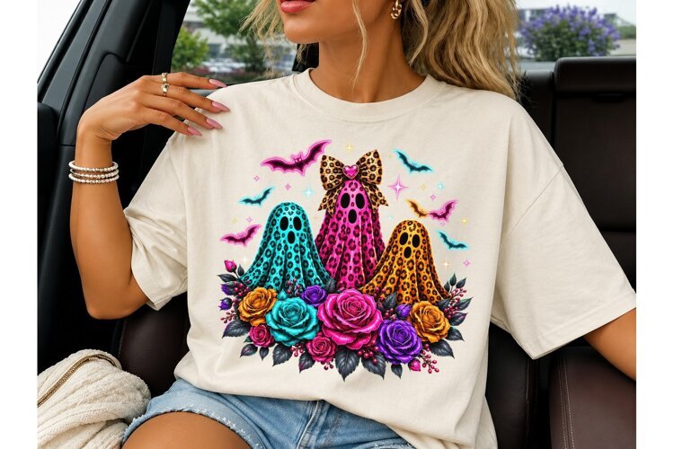 Leopard Ghost Floral Halloween PNG Shirt example image 1