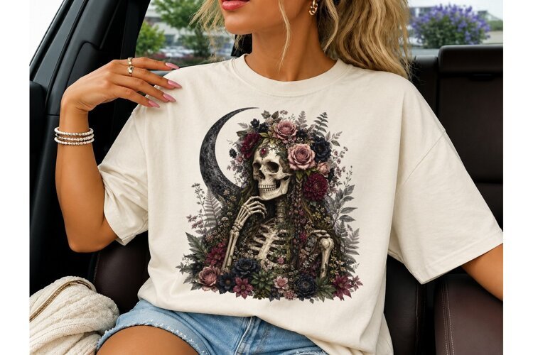 Floral Skeleton Moon PNG Shirt Design example image 1