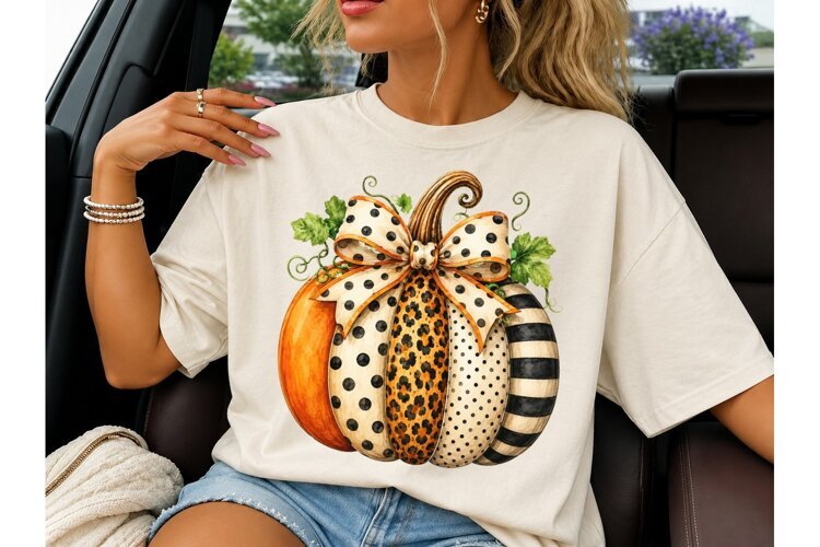 Patterned Pumpkin Bow Fall PNG Shirt example image 1