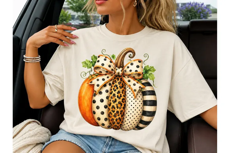 Patterned Pumpkin Bow Fall PNG Shirt