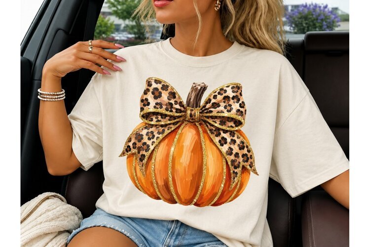 Leopard Bow Pumpkin Fall PNG Sublimation example image 1