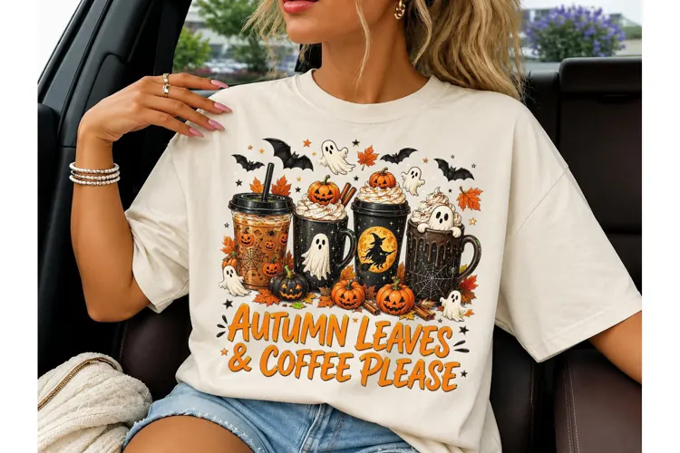 Autumn Leaves Coffee Halloween PNG Tee