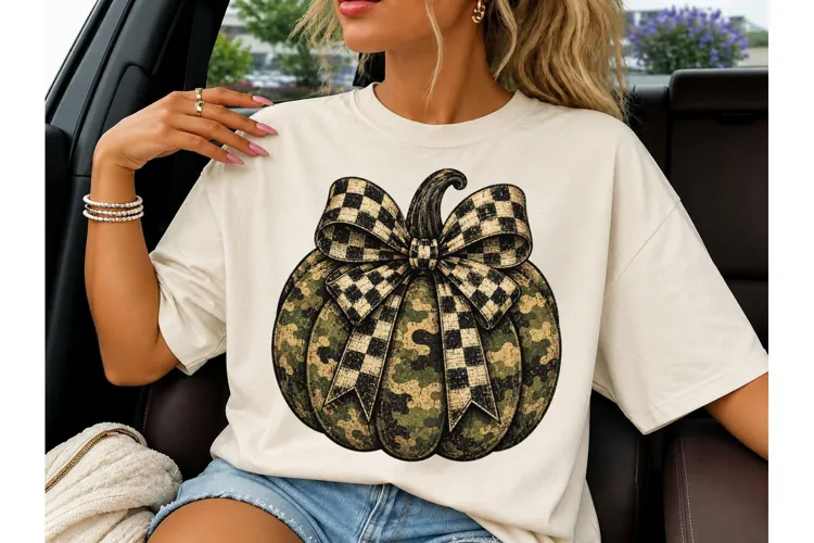 Camo Pumpkin Checkered Bow PNG Tee