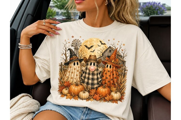 Halloween Ghost Trio Fall PNG Shirt Desi example image 1