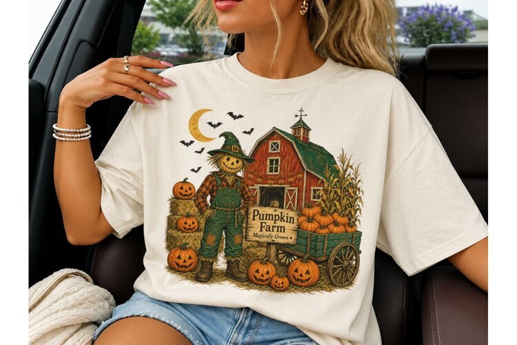Pumpkin Farm Scarecrow Halloween PNG Tee example image 1