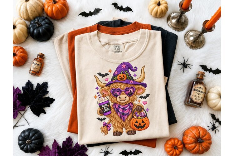 Halloween Highland Cow Witch PNG Tee example image 1