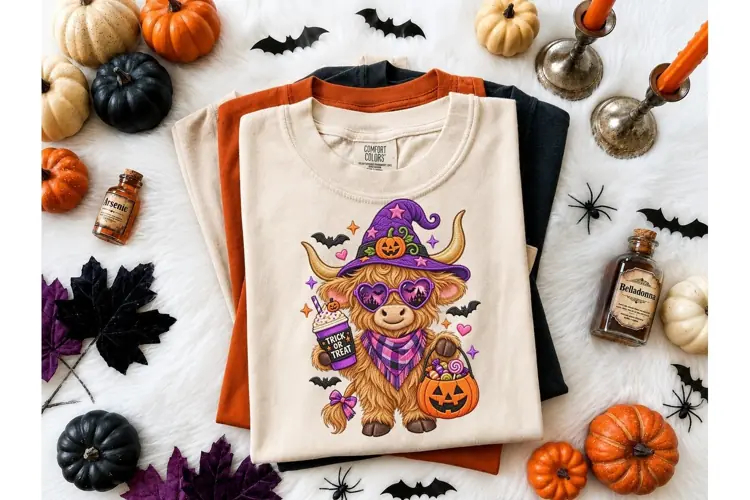 Halloween Highland Cow Witch PNG Tee