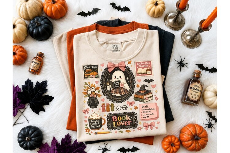 Book Lover Ghost Halloween PNG Tee example image 1