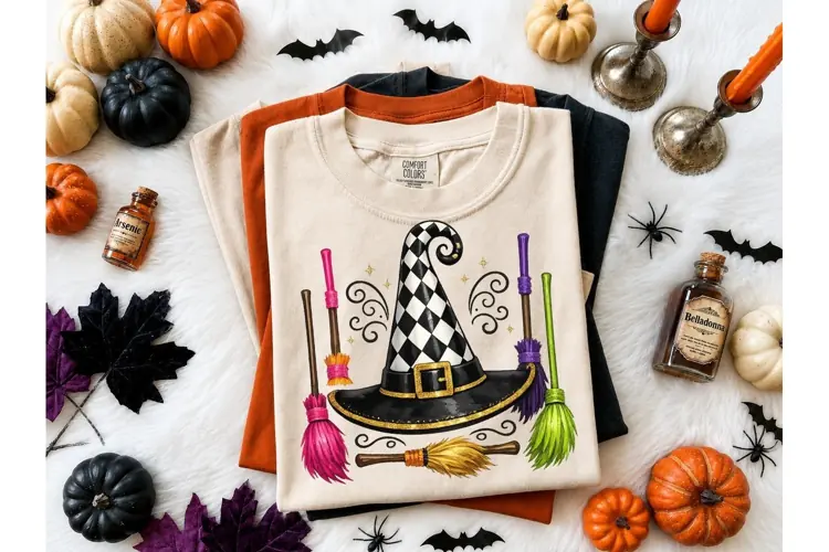 Witch Hat Broomstick Halloween PNG Tee