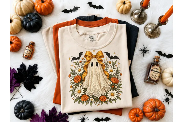 Floral Ghost Bow Halloween PNG Tee