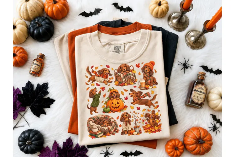 Fall Dachshund Halloween PNG Tee Design