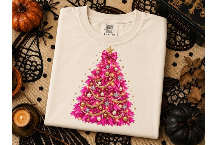 Pink Christmas Tree PNG Sublimation Tee example image 1