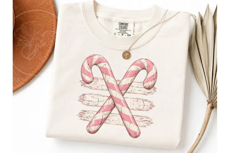 Pink Candy Cane Christmas PNG Tee Design