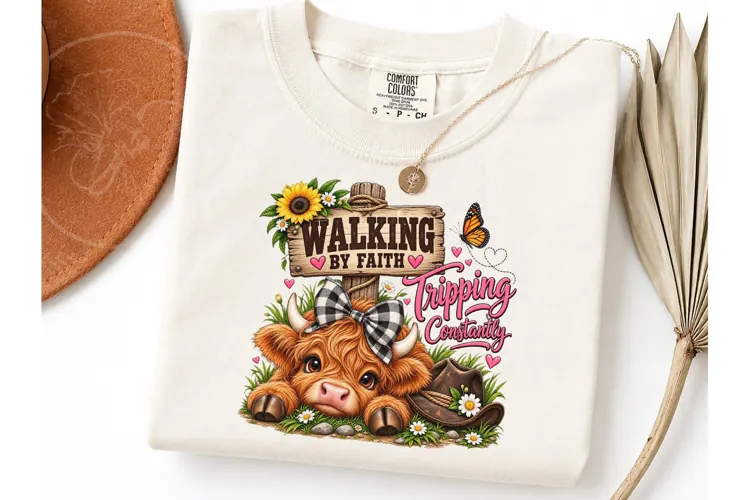 Walking By Faith Highland Cow PNG Tee