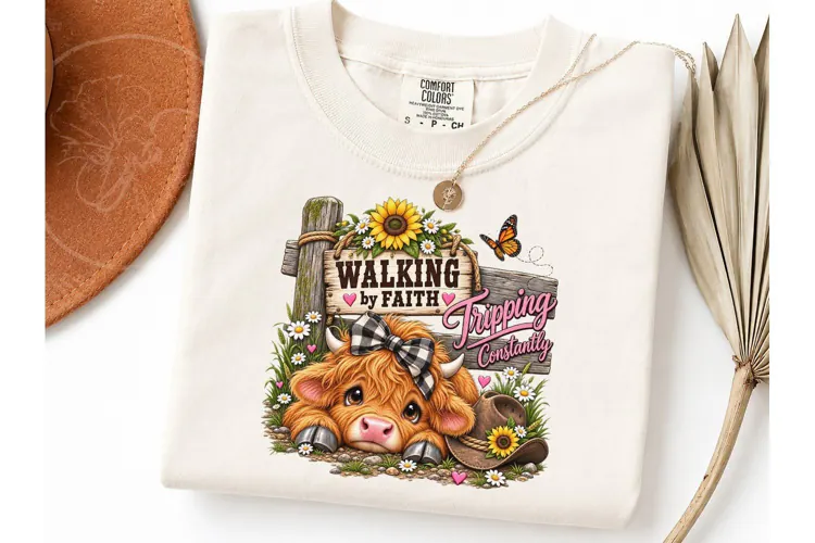 Walking by Faith Highland Cow PNG Tee
