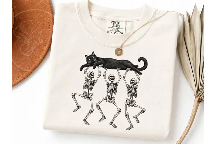 Dancing Skeletons Black Cat PNG Tee