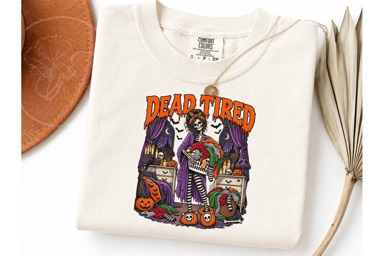 Dead Tired Skeleton Halloween PNG Tee example image 1