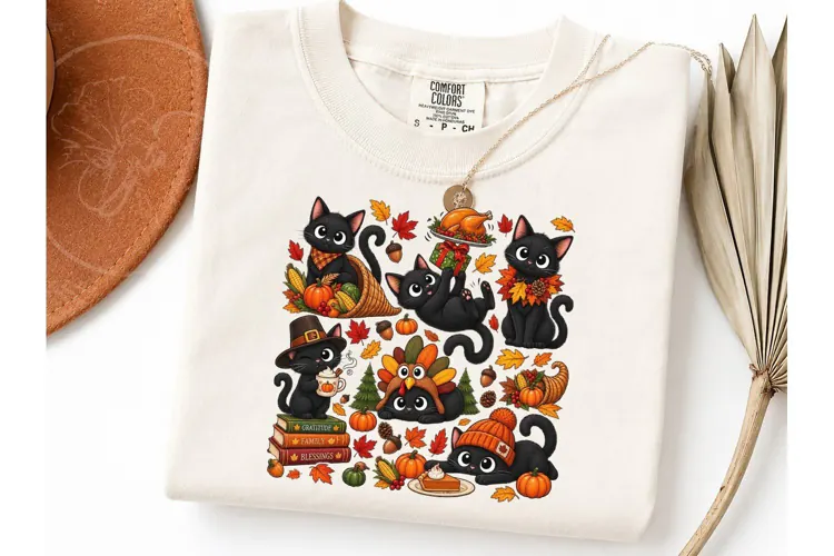 Thanksgiving Black Cat PNG Shirt Design