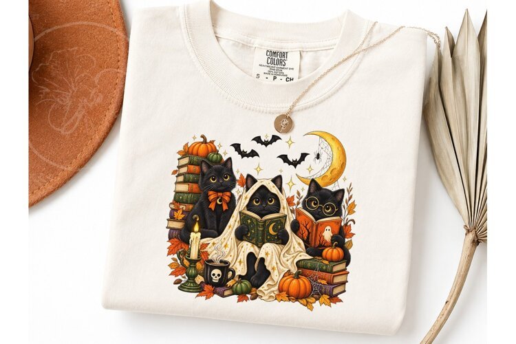 Halloween Black Cat Reading PNG Shirt example image 1