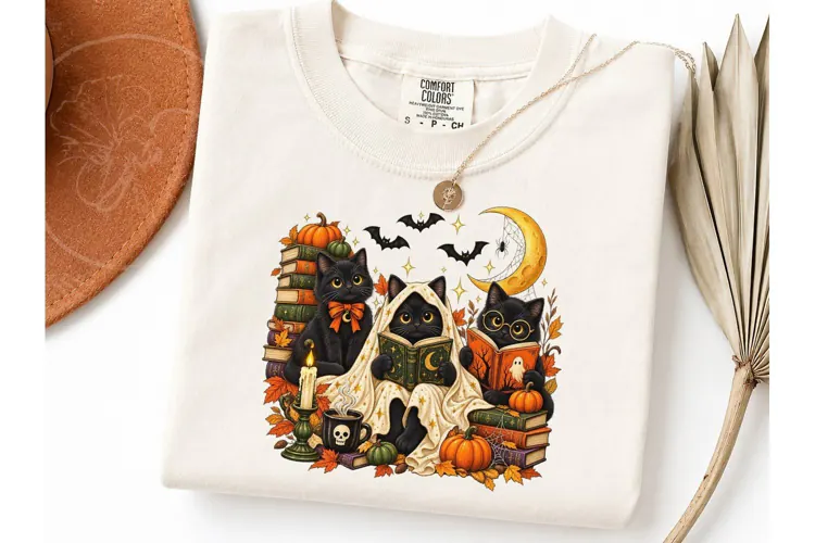 Halloween Black Cat Reading PNG Shirt