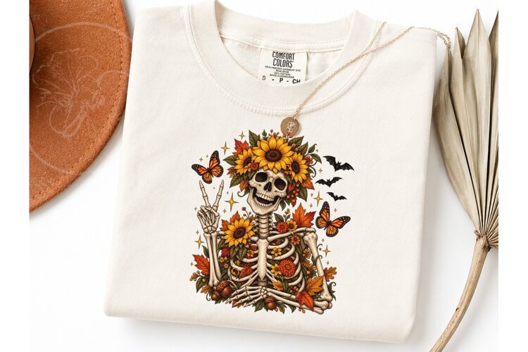 Fall Skeleton Floral PNG Shirt Design example image 1