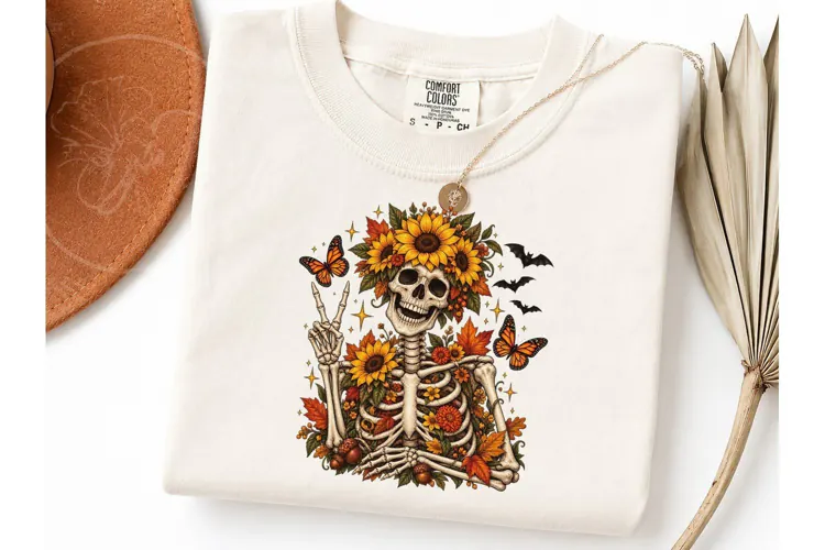 Fall Skeleton Floral PNG Shirt Design